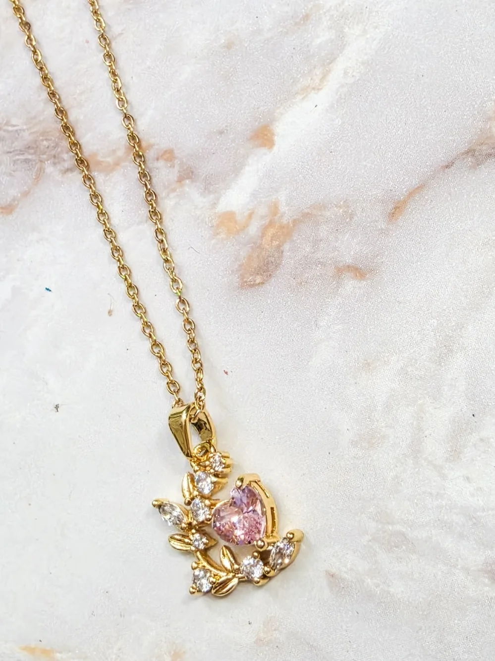 Dainty Gold Heart & Leaf Pendant Necklace Pink Crystal Jewelry